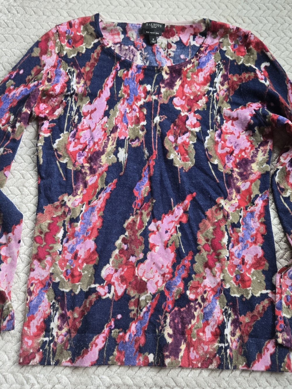 Talbots Pure Merino Wool Floral Sweater Long Sleeve Pullover Top Sz Petite XS